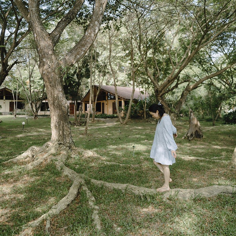 A guest strolling through Museflower's tree-filled grounds